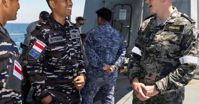 Indonesian Military Police Sergeant Joni Nyoman with Midshipman Joshua Breedon on the upper deck of HMAS Warramunga during Exercise Kakadu 24. Story by Lieutenant Marie Davies. Photos by Leading Seaman Iggy Roberts.