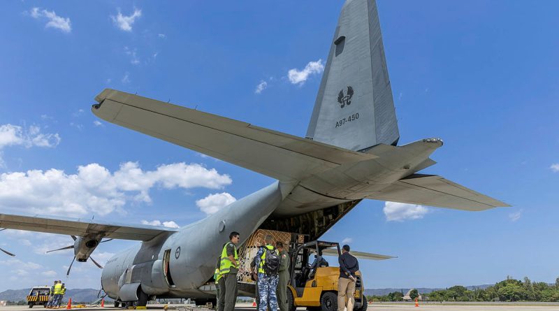 Cargo is unloaded from a RAAF C-130J Hercules at Adisutjipto Air Force Base in Yogyakarta, Indonesia, as part of Exercise Rajawali AusIndo. Story by Flight Lieutenant Claire Campbell. Photos by Leading Aircraftman Chris Tsakisiris.