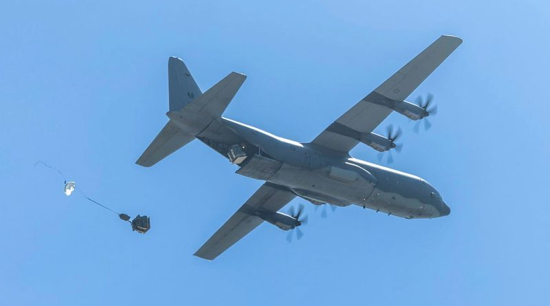 An Air Force C-130J Hercules drops a container delivery system during Exercise Rajawali Ausindo 24 in Ambal Training Area, Indonesia. Story by Flight Lieutenant Claire Campbell. Photos by Leading Aircraftman Chris Tsakisiris.