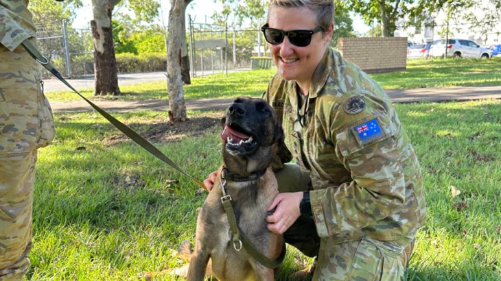 Veterinary officer in the ADF, Captain Alexandra Blecich, greets explosive detection dog Petra. Story by Flight Lieutenant Marina Power.