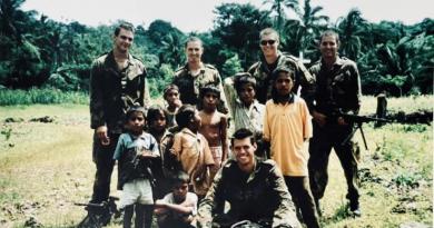 Then Flying Officer Harvey Reynolds, second from left, during his INTERFET deployment with 2 Airfield Defence Squadron on a routine patrol of Atauro Island, East Timor. Story by John Noble.