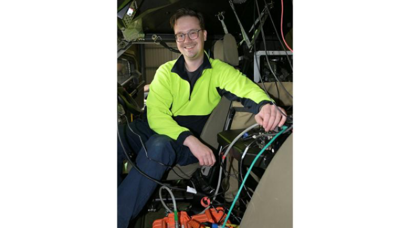 Alexander Mazur, an engineer with Prototype and Test Services, Land Engineering Agency, sits in a Defence vehicle at the Monegeetta Proving Ground near Melbourne. Story by Flight Lieutenant Marina Power. Photo by Matthew Ayres.