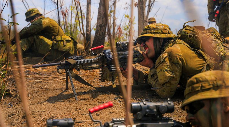 Australian Army soldiers from 5th Battalion, the Royal Australian Regiment, engage a threat after receiving fire-control orders during a joint field training exercise conducted on Exercise Super Garuda Shield 2024 in Surabaya, Indonesia. Story and photo by Corporal Madhur Chitnis.