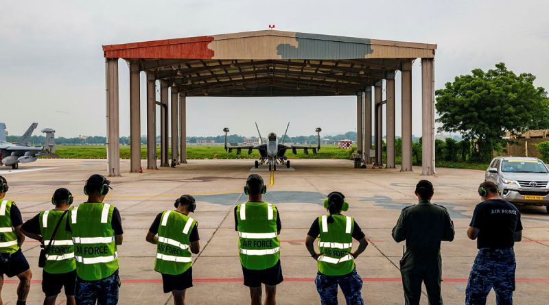 Flight Lieutenant Declan Foley prepares a 6 Squadron EA-18G Growler for the Royal Australian Air Force's first sortie during Exercise Tarang Shakti 24, at Air Force Station, Jodhpur, India. Story by Flight Lieutenant Imogen Lunny. Photos by Leading Aircraftman Ryan Howell.