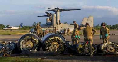 Australian Army soldiers refuel a US Marine Corps MV-22 Osprey at a refuelling point aviation during Operation Render Safe, Honiara, Solomon Islands. Story by Sergeant David Said. Photos by Corporal Sam Price.