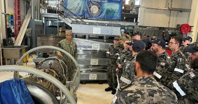 Marine engineers from HMAS Brisbane tour the South West Regional Maintenance Center in San Diego in the US, as part of a scheduled maintenance period to upgrade the ship’s systems. Story by Marie Davies. Photos by Petty Officer Andrew Coleman.