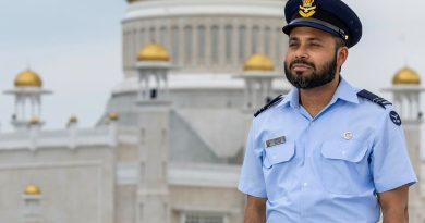 Air Force Chaplain Flight Lieutenant Abdul Kader stands outside the Sultan Omar Saifuddin Mosque during Indo-Pacific Endeavour 2024 in Brunei. Story by Captain Diana Jennings. Photos by Corporal Lisa Sherman.