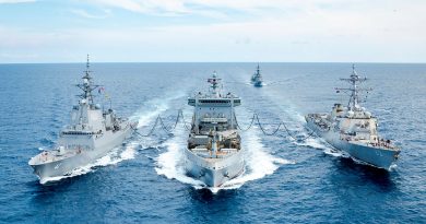 Japan Maritime Self-Defense Force's JS Sazanami sails behind Royal New Zealand Navy's HMNZS Aotearoa, centre, while conducting a dual replenishment at sea with HMAS Sydney, left, and USS Howard, right, in the South China Sea. Story by Lieutenant Tahlia Merigan. Photos by LS Daniel Goodman.