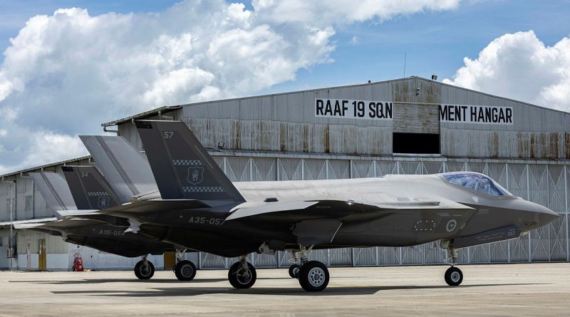 Two 77 Squadron F-35A Lightning II aircraft on the 19 Squadron apron at Royal Malaysian Air Force Base Butterworth during Exercise Elangaroo 24. Story by Squadron Leader Tina Turner. Photos by Leading Aircraftwoman Maddison Scott.