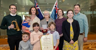 The family of the late Colin Dudley, a World War 2 Bomber Command veteran, receive the Henry Hering Art and Architecture Award on his behalf during a ceremony at RAAF Base Edinburgh, South Australia. Story by Flying Officer Shanea Zeegers. Photos by Aircraftwoman Halley Van Essen.