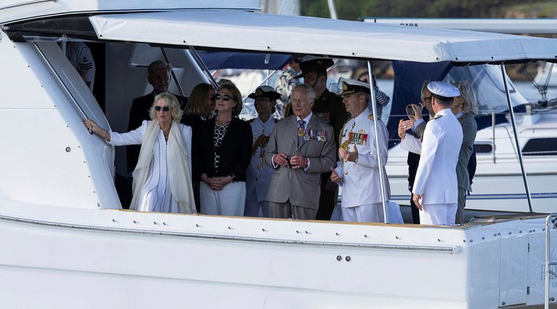 Their Majesties King Charles III and Queen Camilla with, from left, Governor-General of Australia, Sam Mostyn, Chief of the Defence Force Admiral David Johnston, and Chief of Navy Vice Admiral Mark Hammond, on board the Admiral Hudson. Story. y Corporal Jacob Joseph. Photo by Leading Seaman Lucinda Allanson.