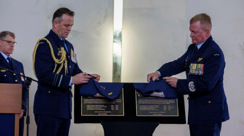 Chief of Air Force Air Marshal Stephen Chappell and Warrant Officer – Air Force Ralph Clifton unveil the plaques commemorating the loss of 100 Squadron members who perished while serving on Beauforts A9-186 and A9-374 in 1943, at RAAF Base Point Cook. Story by Flight Lieutenant Karyn Markwell. Photo by Leading Aircraftman Ryan Howell..