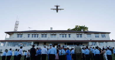 A C-130J Hercules from 37 Squadron flies over the assembled guests and visitors at RAAF Base Glenbrook during the 75th anniversary celebrations. Story by Flight Lieutenant Robert Cochran. Photo by Sergeant David Gibbs.