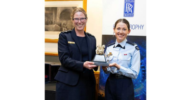 Head of Air Force Capability Air Vice-Marshal Wendy Blyth presents Flying Officer Alberta Redgrove with the Eagle Trophy at the annual Rolls-Royce Eagle Trophy presentation dinner in Canberra, ACT. Story by John Noble. Photo by Leading Aircraftman Paris Rigney.