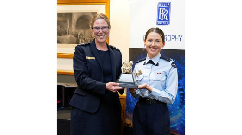 Head of Air Force Capability Air Vice-Marshal Wendy Blyth presents Flying Officer Alberta Redgrove with the Eagle Trophy at the annual Rolls-Royce Eagle Trophy presentation dinner in Canberra, ACT. Story by John Noble. Photo by Leading Aircraftman Paris Rigney.