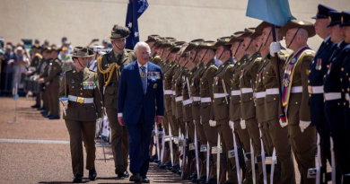 King Charles III inspects Australia's Federation Guard at Parliament House in Canberra. Photo by Nicole Mankowski.