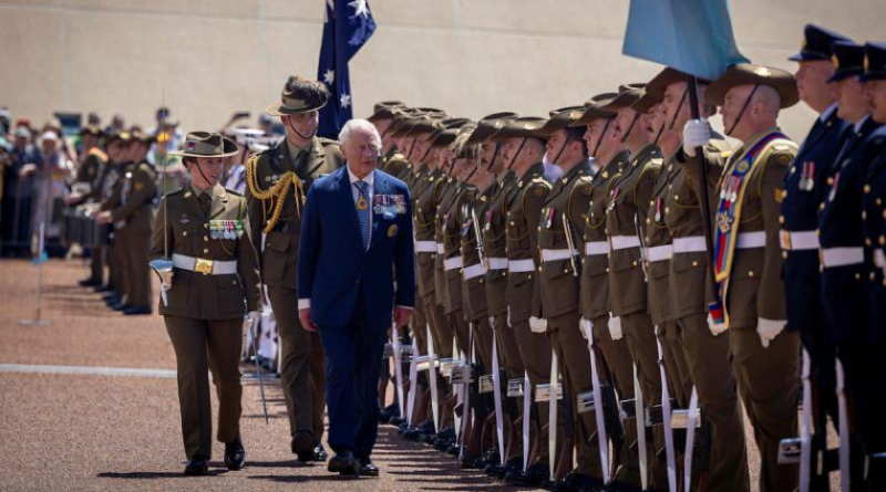 King Charles III inspects Australia's Federation Guard at Parliament House in Canberra. Photo by Nicole Mankowski.