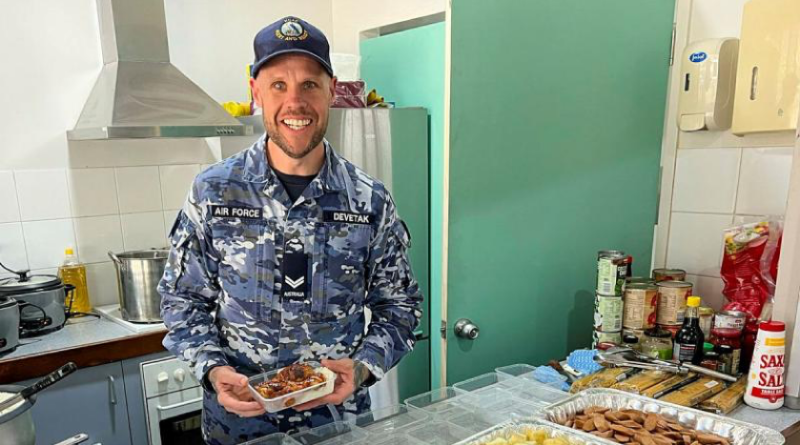 Air Force Chef Corporal Brent Devetak prepares meals for locals at Kununurra during Exercise Kummundoo 24. Story by Flying Officer Rose Gigliotti. Photo by Flight Lieutenant Yuen Dieu.