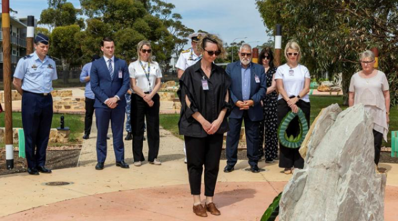 Director Veterans' South Australia, Bianca Wheeler, pays her respects after laying a wreath at the ‘Keeping Place’ at RAAF Base Edinburgh. Story by Group Captain Gregory Weller. Photo by Aircraftwoman Halley Van Essen.