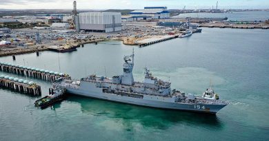 HMAS Parramatta arrives at Henderson Shipyard in Western Australia to begin a capability upgrade. Photo by Petty Officer Richard Cordell.