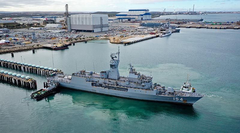 HMAS Parramatta arrives at Henderson Shipyard in Western Australia to begin a capability upgrade. Photo by Petty Officer Richard Cordell.