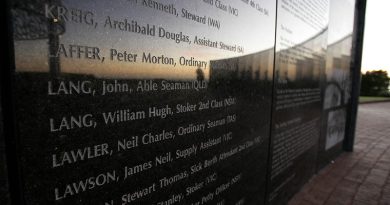 The memorial wall listing the crew of HMAS Sydney II at Mount Scott Geraldton. The interior concave side of the Wall of Remembrance, situated at the front of memorial, details the names of all 645 men who lost their lives. The centre piece is a dome mounted by seven pillars. Representing the seven states and territories of Australia. The dome is constructed by a canopy of silver gulls. A Stele is made of Stainless Stell and represents the bow of the HMAS Sydney II. A bronze sculpture of a a woman closest to the ocean. She wears an anchor necklace and holds hat against the breeze from the sea. Her anxious expression and her fixed gaze to the horizon. She represents a waiting woman grieven for her lost love one.