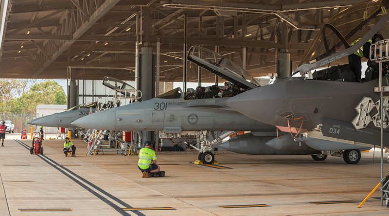 EA-18G Growlers from 6 Squadron and F-35A Lightning IIs from 75 Squadron on the flight line at RAAF Base Tindal, NT, during Trial Swagman. Story by Flight Lieutenant Claire Campbell. Photo by Leading Aircraftman Brandon Murray.