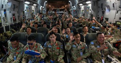 People’s Army of Vietnam UN peacekeepers prepare to take off from Juba International Airport, South Sudan, after boarding a RAAF 36 Squadron C-17A Globemaster during a strategic airlift. Story and photos by Corporal Jacob Joseph.