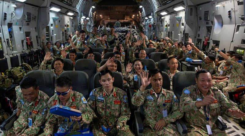 People’s Army of Vietnam UN peacekeepers prepare to take off from Juba International Airport, South Sudan, after boarding a RAAF 36 Squadron C-17A Globemaster during a strategic airlift. Story and photos by Corporal Jacob Joseph.