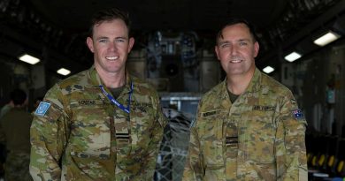 UN peacekeepers RAAF Flight Lieutenant Grant Soutar, left, and Squadron Leader Dean Kremer, deployed on Operation Aslan, stand inside a 36 Squadron C-17 Globemaster at Juba International Airport, South Sudan. Story and photos by Corporal Jacob Joseph.