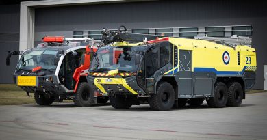 New (right) and old (left) Panther fire trucks at RAAF base Amberly, October 2024. Story and photo by Corporal Luke Bellman.