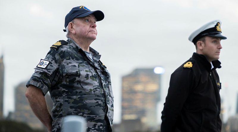 Warrant Officer Andrew Freame during his last sunset ceremony onboard HMAS Hobart at Fleet Base East, Sydney, NSW. Story by Lieutenant Angela Faulkner. Photos by Able Seaman Danyellah Hill.