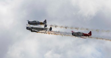 A civilian Beechcraft D18S and two civilian T-6 Harvards fly in formation at Warbirds Downunder in Temora, NSW. Story by Flight Lieutenant Imogen Lunny. Photos by Leading Aircraftwoman Paris Rigney.