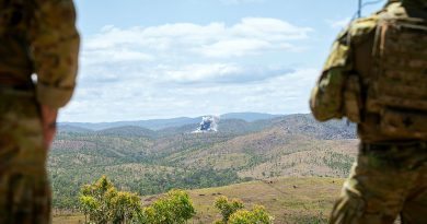 Australian Army Joint Tactical Attack Controllers from 4th Regiment, Royal Australian Artillery observe round impacts during Exercise Nigrum Pugio with RAAF at Townsville Field Training Area, Townsville, Queensland. Story by Warrant Officer Class 2 Max Bree. Photos by Trooper Dana Millington.