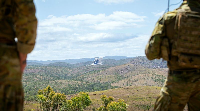 Australian Army Joint Tactical Attack Controllers from 4th Regiment, Royal Australian Artillery observe round impacts during Exercise Nigrum Pugio with RAAF at Townsville Field Training Area, Townsville, Queensland. Story by Warrant Officer Class 2 Max Bree. Photos by Trooper Dana Millington.