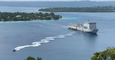 HMAS Choules arrives at Port Vila, Vanuatu, for a port visit. Story by Lieutenant Commander Rebecca Williamson.