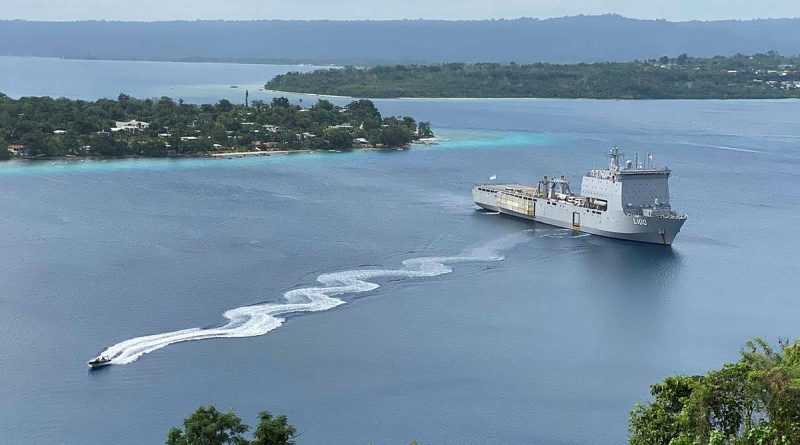 HMAS Choules arrives at Port Vila, Vanuatu, for a port visit. Story by Lieutenant Commander Rebecca Williamson.