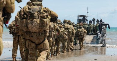 Australian Army soldiers and Singapore Armed Forces conduct a bilateral amphibious landing at Freshwater Beach in the Shoalwater Bay Training Area in Queensland, during Exercise Trident 2024. Story by Major Dan Mazurek. Photos by Corporal Lisa Sherman.