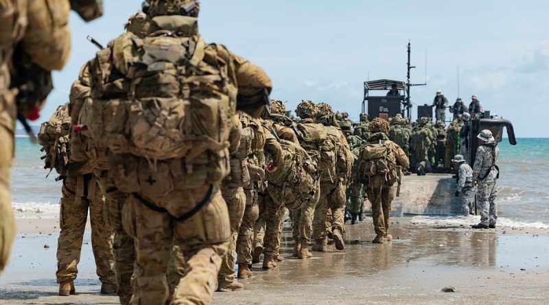 Australian Army soldiers and Singapore Armed Forces conduct a bilateral amphibious landing at Freshwater Beach in the Shoalwater Bay Training Area in Queensland, during Exercise Trident 2024. Story by Major Dan Mazurek. Photos by Corporal Lisa Sherman.