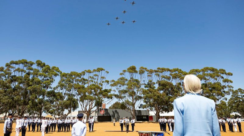 The Reviewing Officer, the Governor-General of the Commonwealth of Australia, Sam Mostyn, receives a royal salute during the 2 Flying Training School Colour Consecration Parade. Story by Flying Officer Stina Frantzich Gardiner. Photos by Able Seaman Connor Morrison.