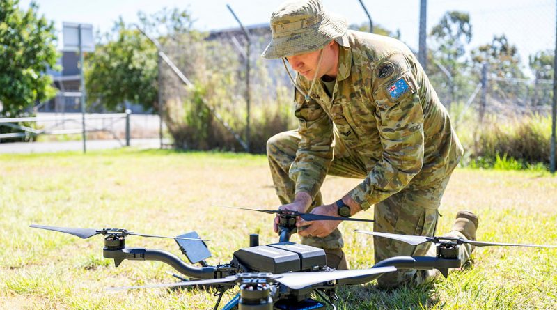 Australian Army soldier Corporal Sam Kelly prepares an uncrewed aerial system with a mounted LiDAR unit for a test flight at Gallipoli Barracks, Brisbane. Story by Captain Nigel Jacobs. Photo by Lance Corporal Luke Donegan.