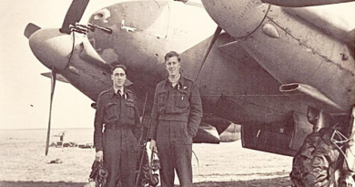 From left, Pilot Officer Justin Mulligan and Warrant Officer William Kinloch with a DeHavilland Mosquito fighter bomber in 1944. Story by Squadron Leader Eamon Hamilton.