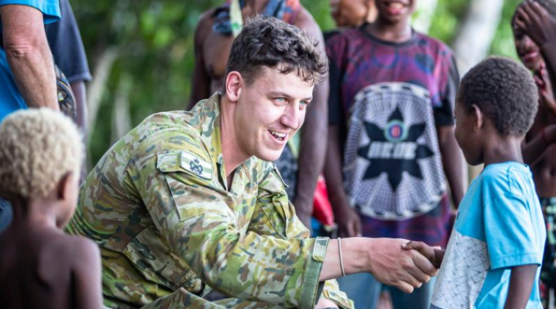 Australian Army Jonathan Church Good Soldiering Award recipient Lieutenant Lachlan Maill meets local villagers in Rabaul, PNG, during a historical battle tour. Story and photos by Corporal Melina Young.