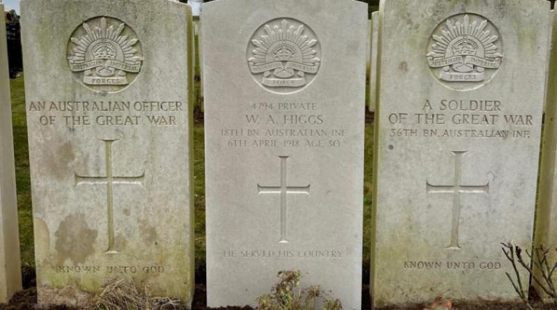 Private William Higgs’ newly installed headstone at Commonwealth War Graves Commission's (CWGC) Crucifix Corner Cemetery, Villers-Bretonneux, France. Story. by Aaron Pegram. Photo courtesy of CWGC.