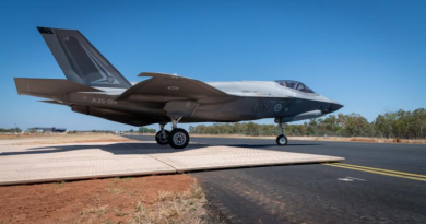 An F-35A tests the Dura-Base matting during the two-week trial of the temporary surface at RAAF Base Tindal, NT. Story by John Noble.