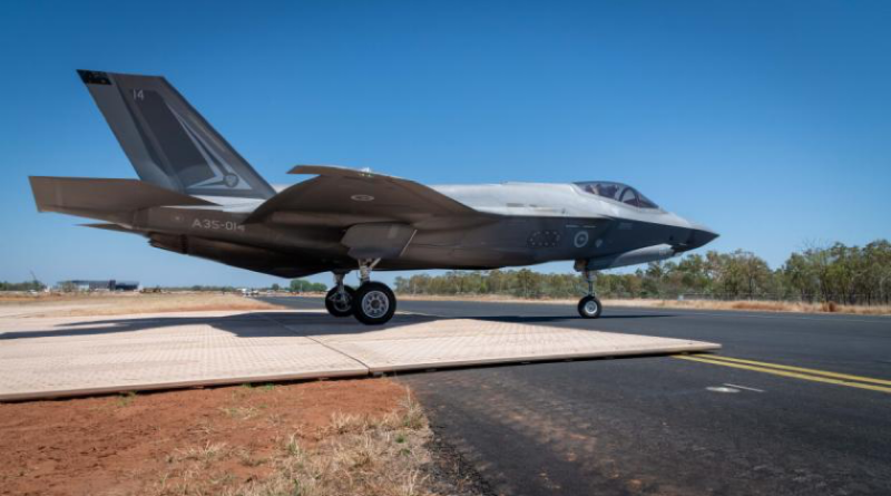 An F-35A tests the Dura-Base matting during the two-week trial of the temporary surface at RAAF Base Tindal, NT. Story by John Noble.