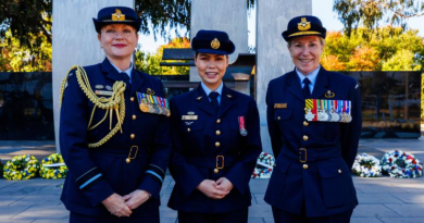 Enlisted Aviator of the Year Award recipient Corporal Kbora Ali, centre, stands with Air Vice-Marshal Barbara Courtney and Air Commodore Ruth Elsley after RAAF's 103rd anniversary commemorative service, held in Canberra. Story by Corporal Kbora Ali. Photo by Leading Aircraftman Ryan Howell.