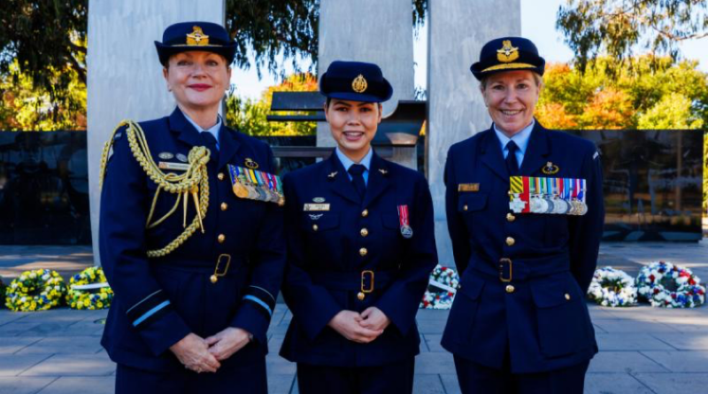 Enlisted Aviator of the Year Award recipient Corporal Kbora Ali, centre, stands with Air Vice-Marshal Barbara Courtney and Air Commodore Ruth Elsley after RAAF's 103rd anniversary commemorative service, held in Canberra. Story by Corporal Kbora Ali. Photo by Leading Aircraftman Ryan Howell.