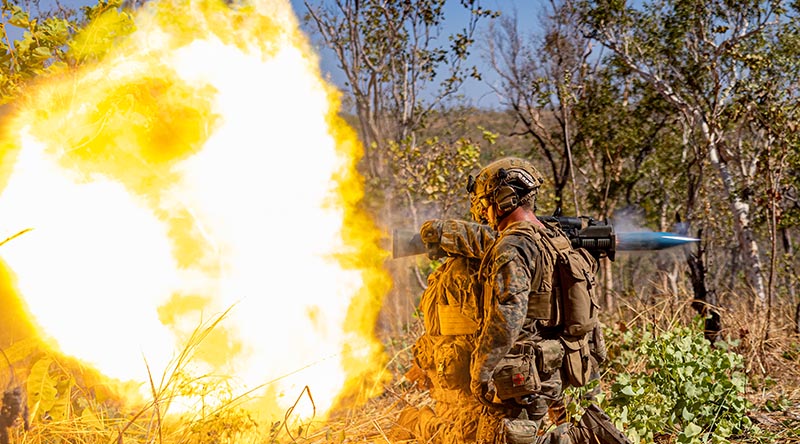 US Marine Corps Lance Corporal Eli Gregg, an assistant M3E1 multipurpose anti-armor anti-personnel weapon system gunner with Fox Company, 2nd Battalion, 5th Marine Regiment (Reinforced), Marine Rotational Force –Darwin 24.3, assists Lance Corporal Ryan Waskosky, a MAAW gunner also with Fox Co. 2nd Bn., 5th Marines (Rein.), MRF-D 24.3, while firing a MAAW during a live-fire range as a part of Exercise Predator’s Run 24 at Mount Bundey Training Area, NT. US Marine Corps photo by Corporal Juan Torres.