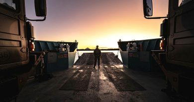 Private Thomas Allsbury, of 9th Force Support Battalion, before a beach landing at Sabina Point, Shoalwater Bay Training Area, Queensland, as part of Exercise South Queensland Warfighter 2024. Story by Captain Joanne Leca. Photo by Sergeant Jason Slape.